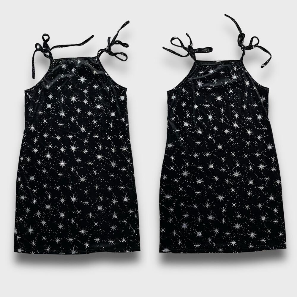 BOUTIQUE Y2K VELOUR CELESTIAL STARS MINI PARTY DRESS BLACK SILVER SMALL